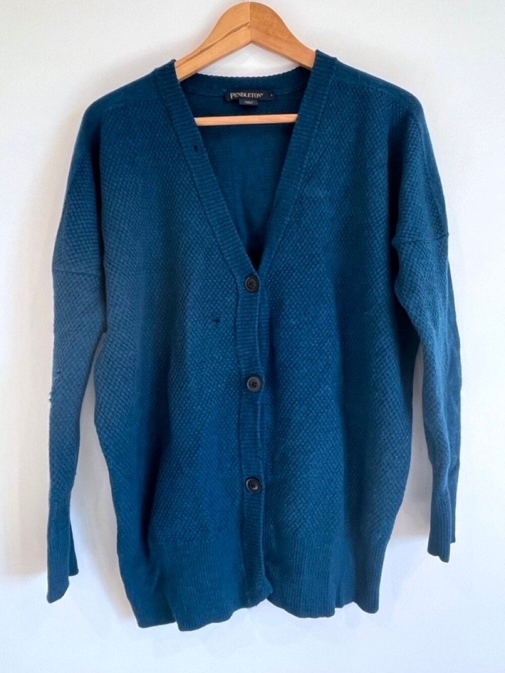 Pendleton Waffle Knit V-Neck Cardigan Sweater Teal L Distressed Grunge